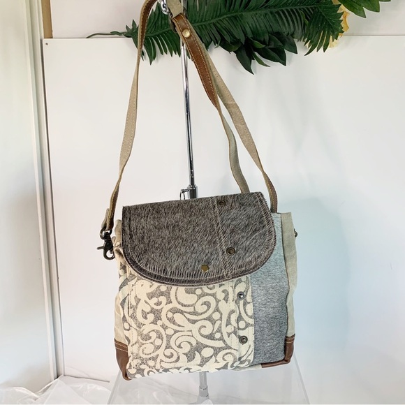 Myra Bag Factual Upcycled Canvas & Cowhide Messenger Bag S-1487 - Picture 3 of 7